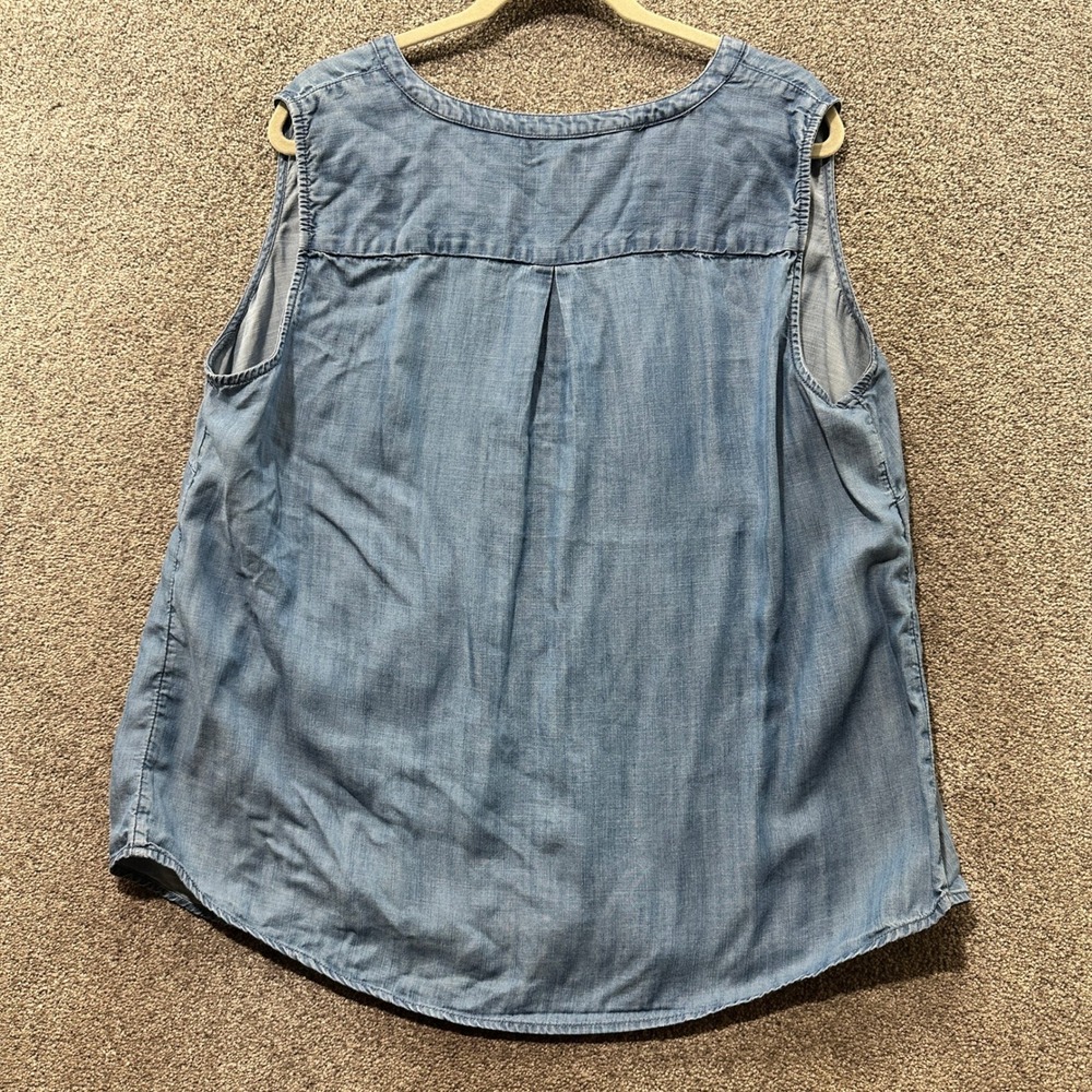 Talbots Blouse Top Sleeveless‎ Denim Chambray Lyocell Ruffle Neck Tank Casual - Picture 2 of 10